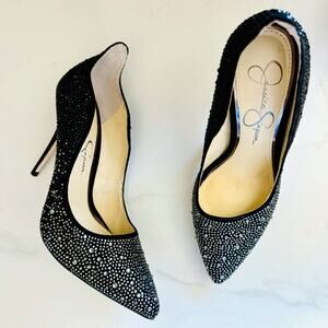 NEW JESSICA SIMPSON Black Silver Crystal Wayva Pointy Toe Stiletto Pumps Heels 8